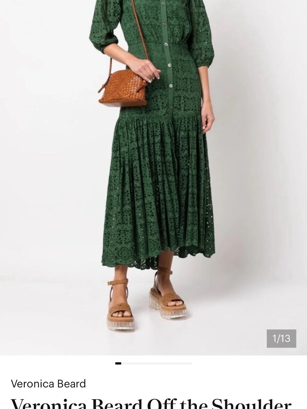 Veronica Beard Forest Green Off-Shoulder Eyelet Midi Dress